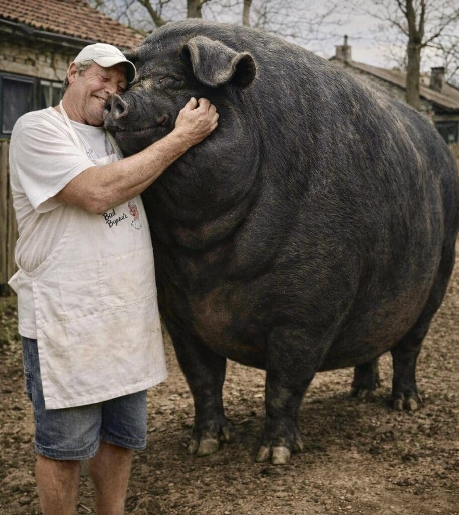Jed with a larger than life version of his prized boar Abner